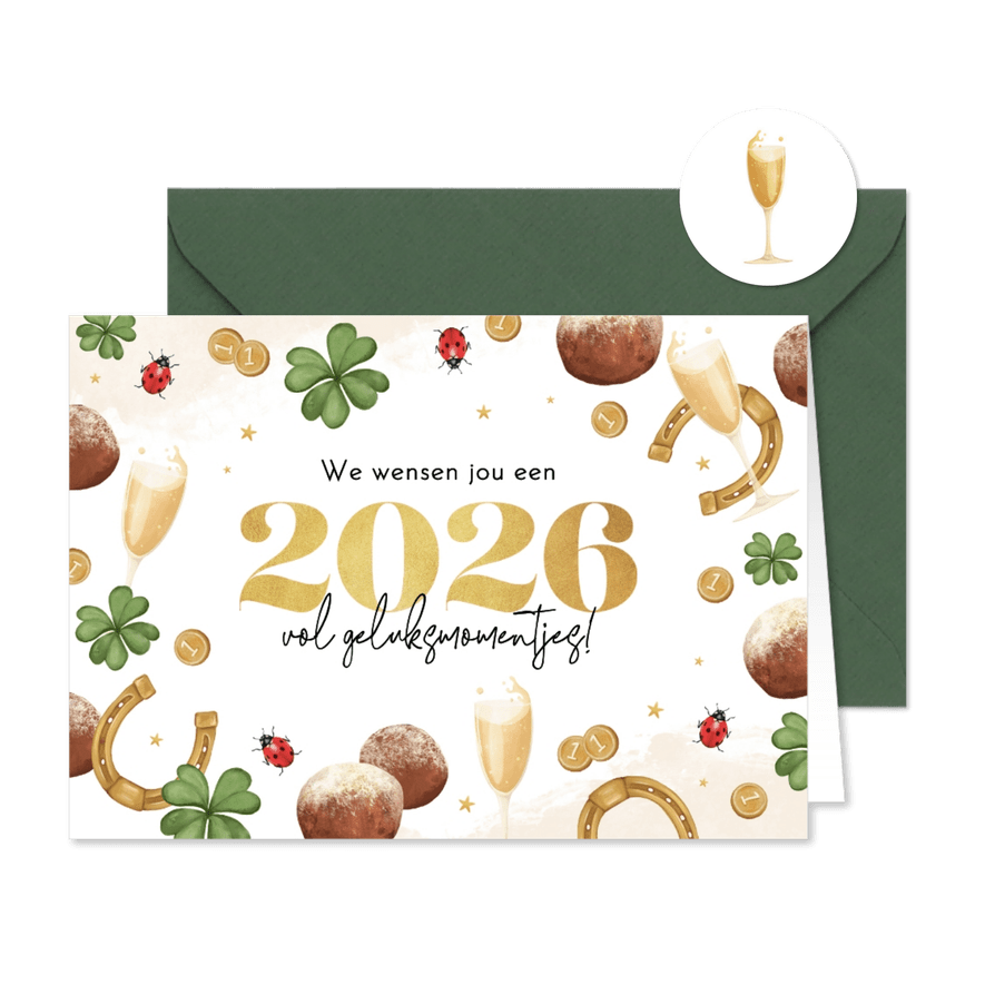 Nieuwjaarskaart vol gelukssymbolen vrolijk illustraties - Kaartimpressie