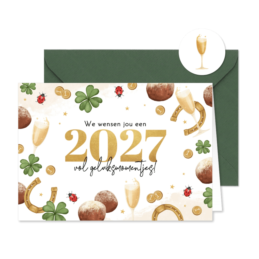 Nieuwjaarskaart vol gelukssymbolen vrolijk illustraties - Kaartimpressie