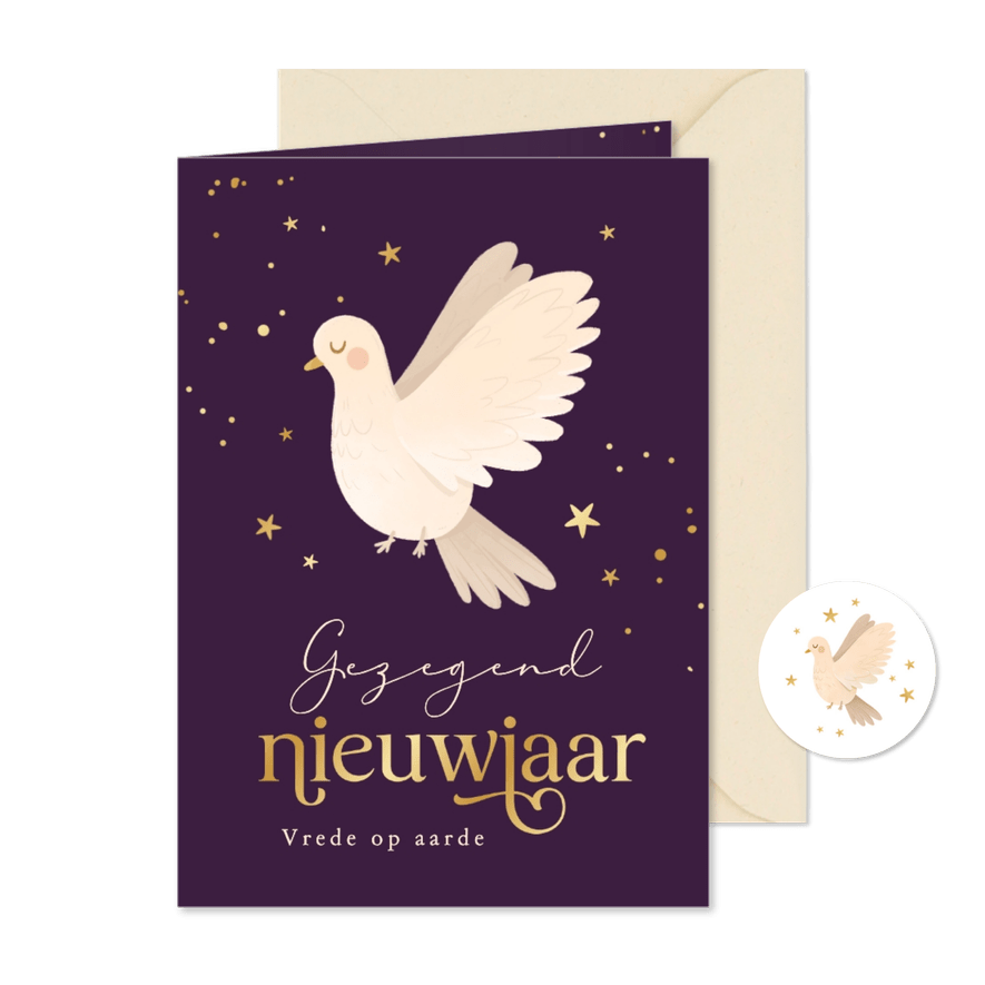 Nieuwjaarskaart vredesduif liefde sterren gezegend nieuwjaar - Kaartimpressie