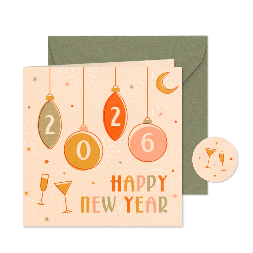 Nieuwjaarskaart vrolijk 2026 met champagne en sterren - Kaartimpressie