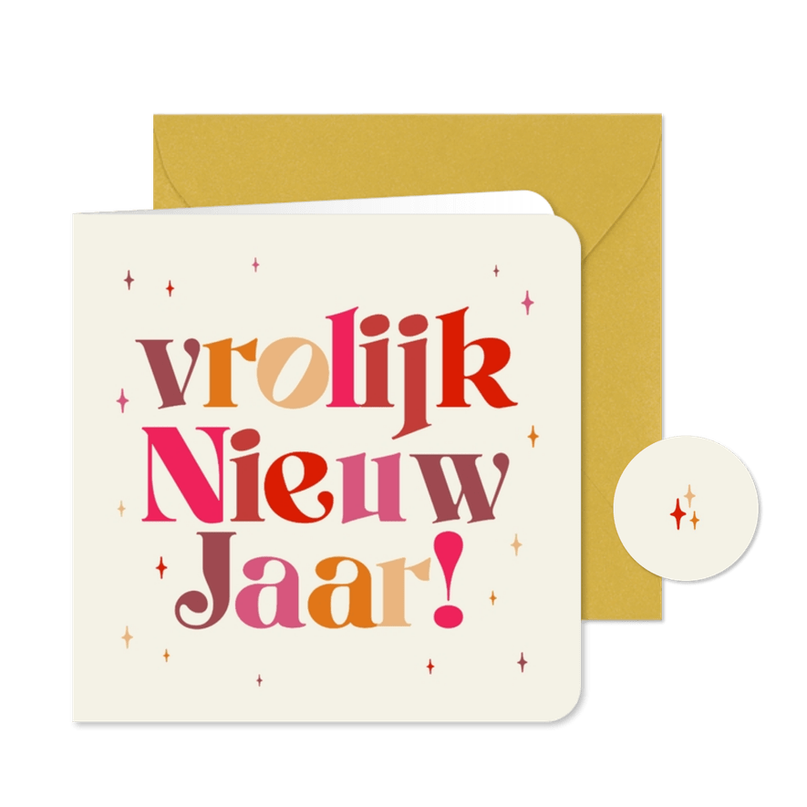 Nieuwjaarskaart vrolijk nieuw jaar typografie kleurrijk - Kaartimpressie