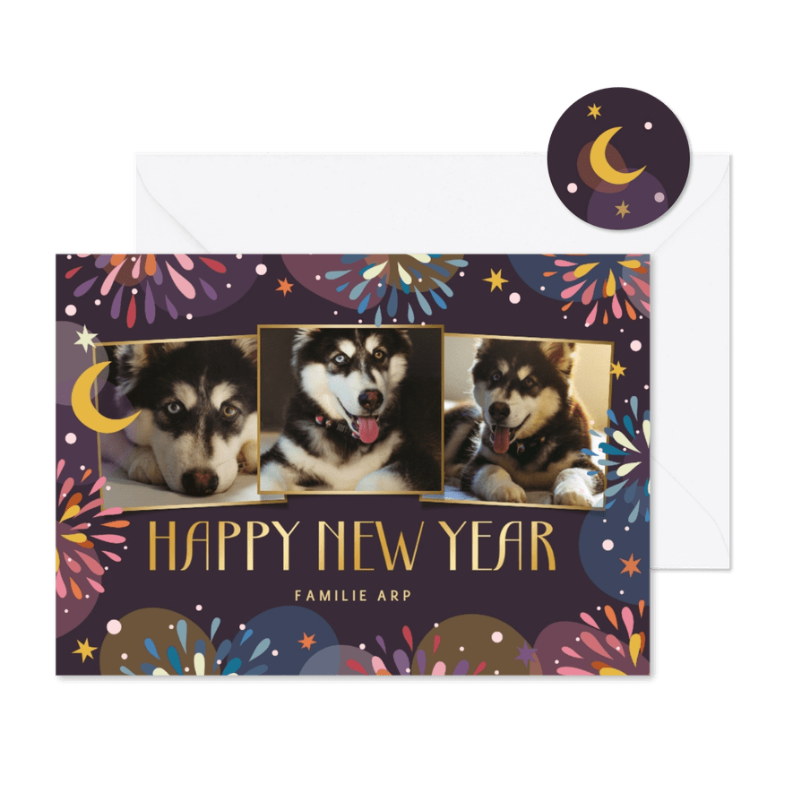Nieuwjaarskaart vrolijk vuurwerk met fotocollage - Kaartimpressie