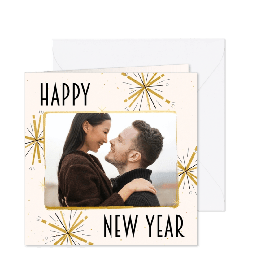 Nieuwjaarskaart vuurwerk foto retro goudlook - Kaartimpressie