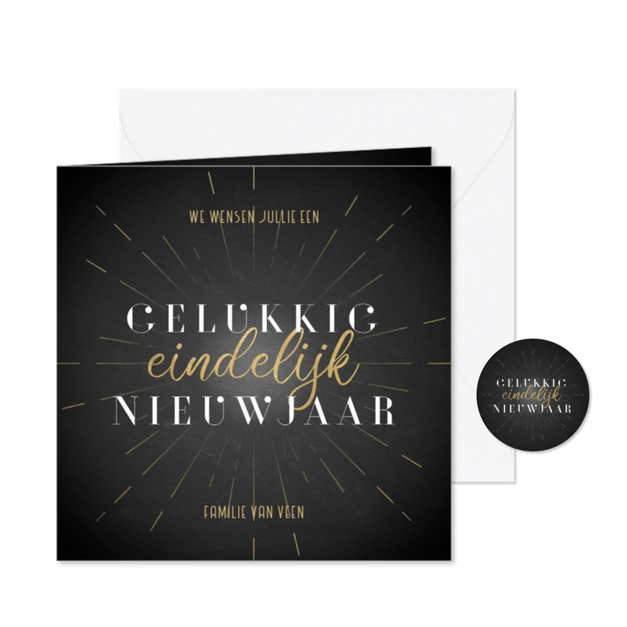 Nieuwjaarskaart vuurwerk 'gelukkig eindelijk nieuwjaar' - Kaartimpressie