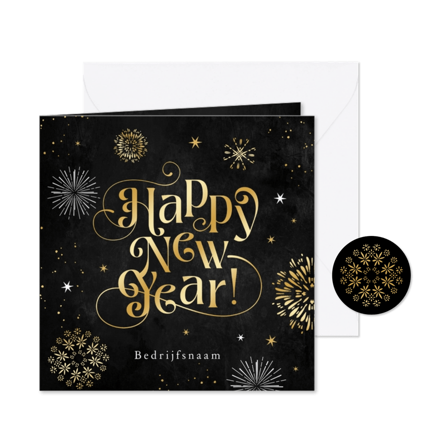 Nieuwjaarskaart vuurwerk goud sterren stijlvolle typografie - Kaartimpressie
