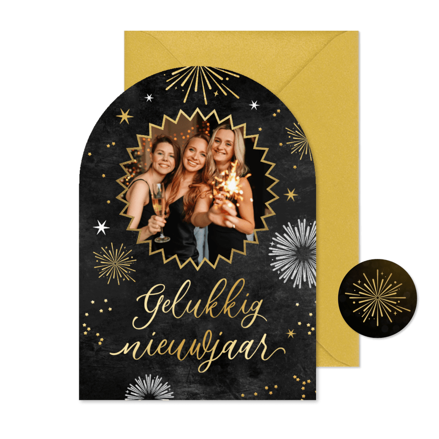 Nieuwjaarskaart vuurwerk goud zilver sterren boogkaart - Kaartimpressie