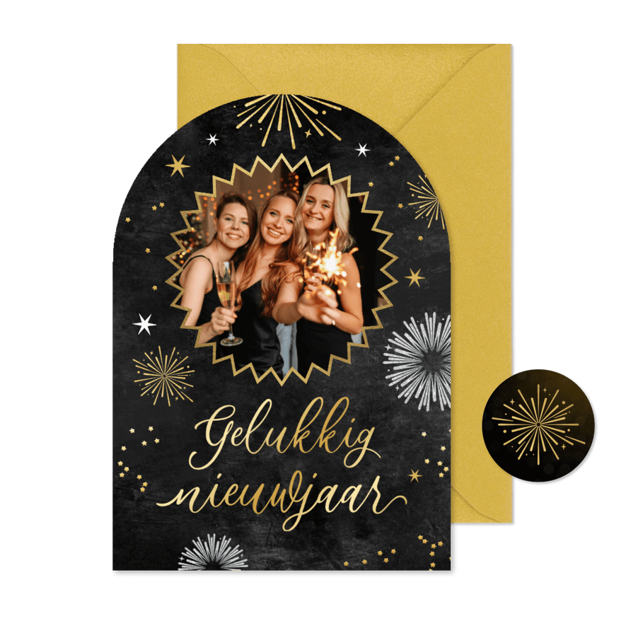 Nieuwjaarskaart vuurwerk goud zilver sterren boogkaart - Kaartimpressie