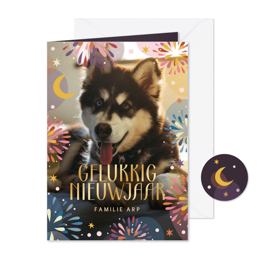 Nieuwjaarskaart vuurwerk grote foto sterren en maan - Kaartimpressie