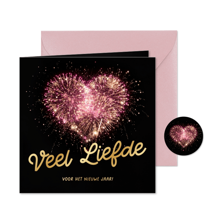 Nieuwjaarskaart vuurwerk hart liefde voor het nieuwe jaar - Kaartimpressie