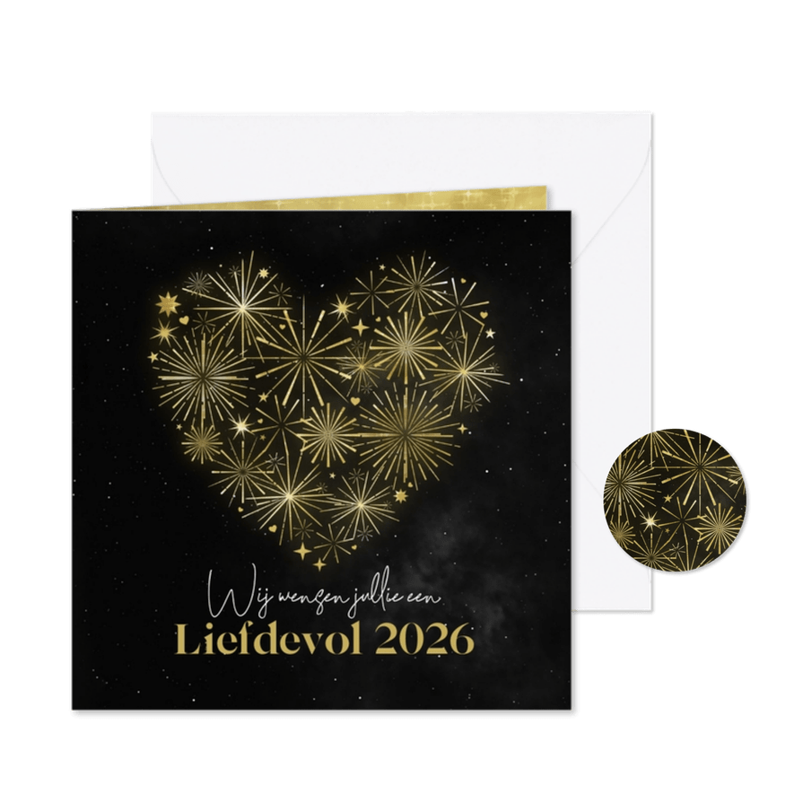 Nieuwjaarskaart vuurwerk hart sterren 2026 liefdevol vrede - Kaartimpressie
