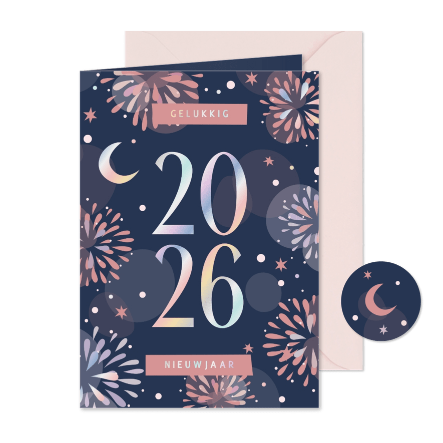 Nieuwjaarskaart vuurwerk holografisch 2026 - Kaartimpressie