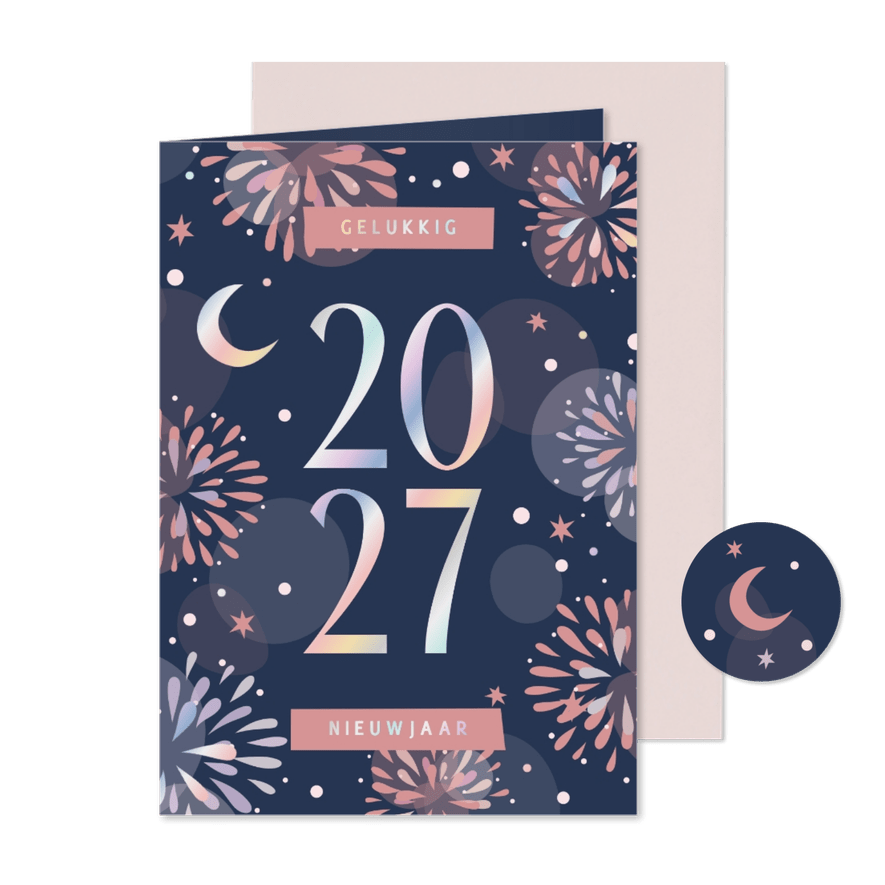 Nieuwjaarskaart vuurwerk holografisch 2027 - Kaartimpressie
