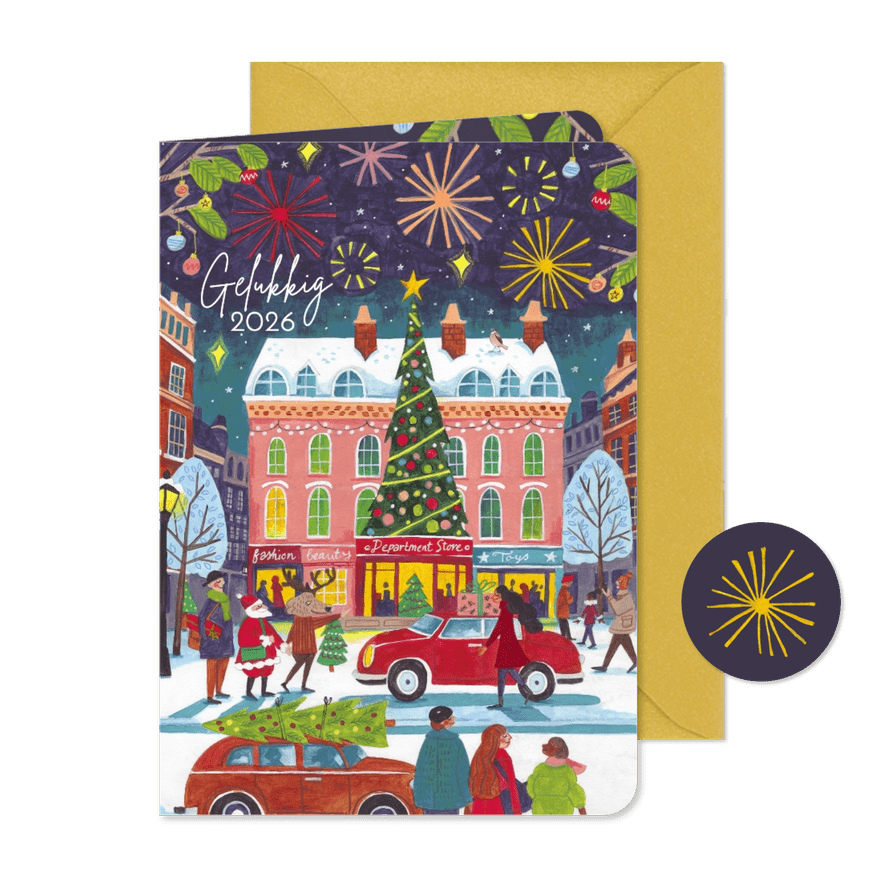 Nieuwjaarskaart vuurwerk in de stad met sneeuw - Kaartimpressie