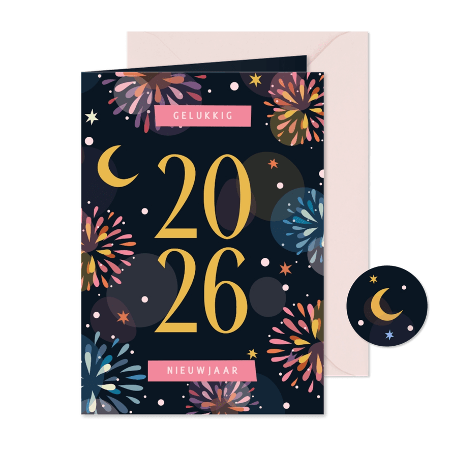 Nieuwjaarskaart vuurwerk kleurrijk 2026 - Kaartimpressie