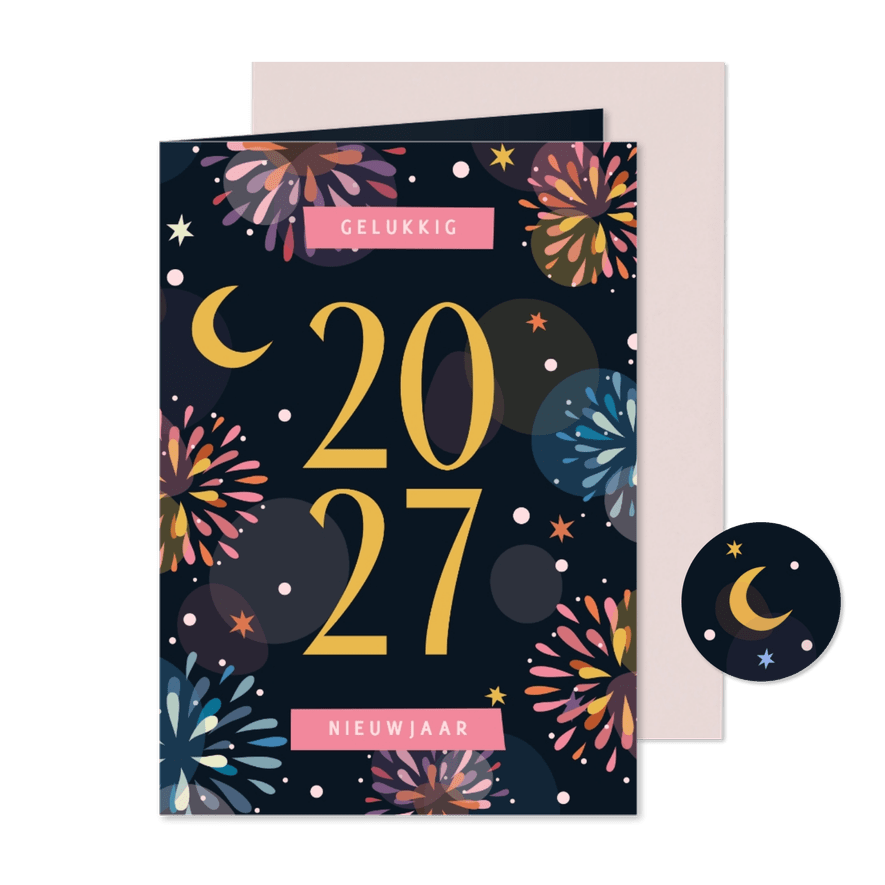 Nieuwjaarskaart vuurwerk kleurrijk 2027 - Kaartimpressie