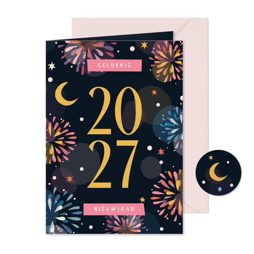 Nieuwjaarskaart vuurwerk kleurrijk 2027 - Kaartimpressie