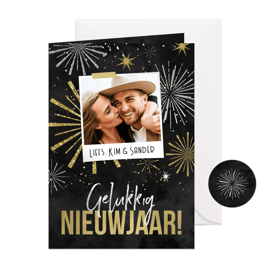 Nieuwjaarskaart vuurwerk oliebollen champagne foto - Kaartimpressie