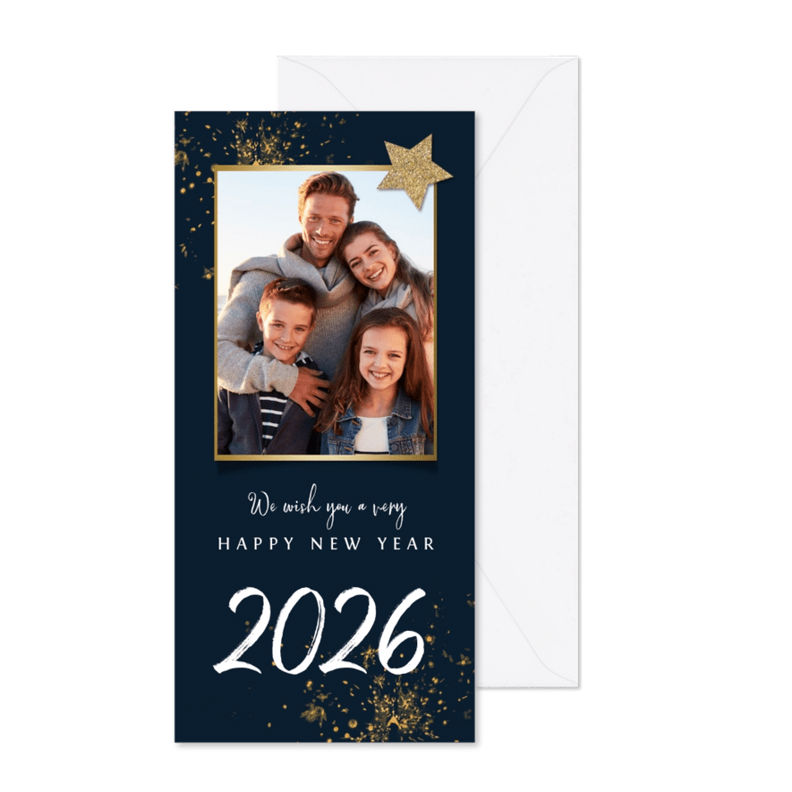 Nieuwjaarskaart vuurwerk ster foto goud - Kaartimpressie