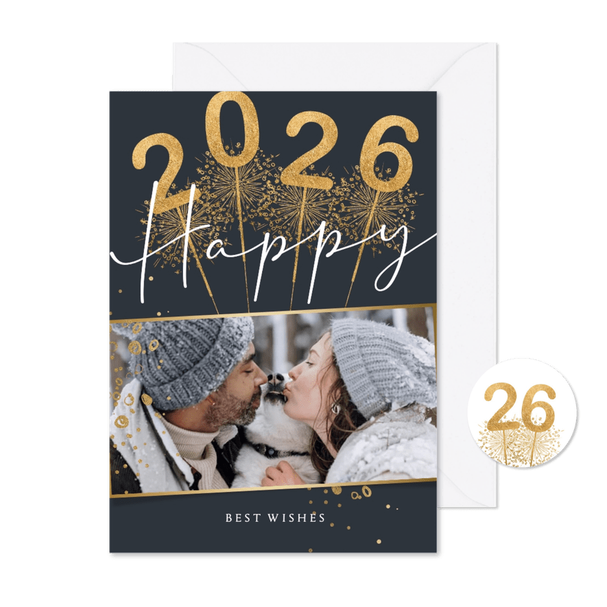 Nieuwjaarskaart vuurwerk sterretjes 2026 goud foto - Kaartimpressie
