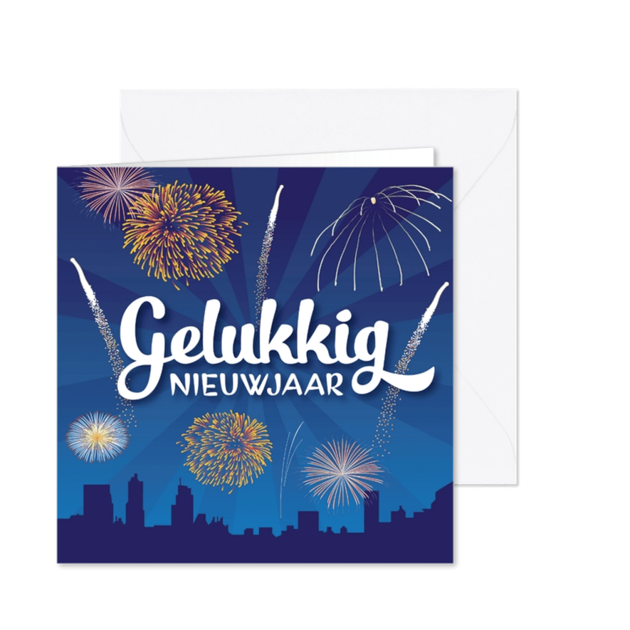 Nieuwjaarskaart vuurwerk vrolijk stad - Kaartimpressie