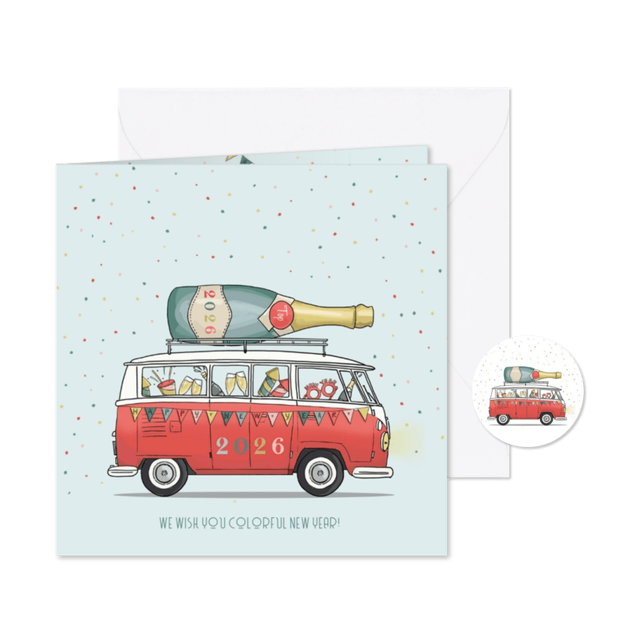 Nieuwjaarskaart vwbusje rood met champagne fles - Kaartimpressie