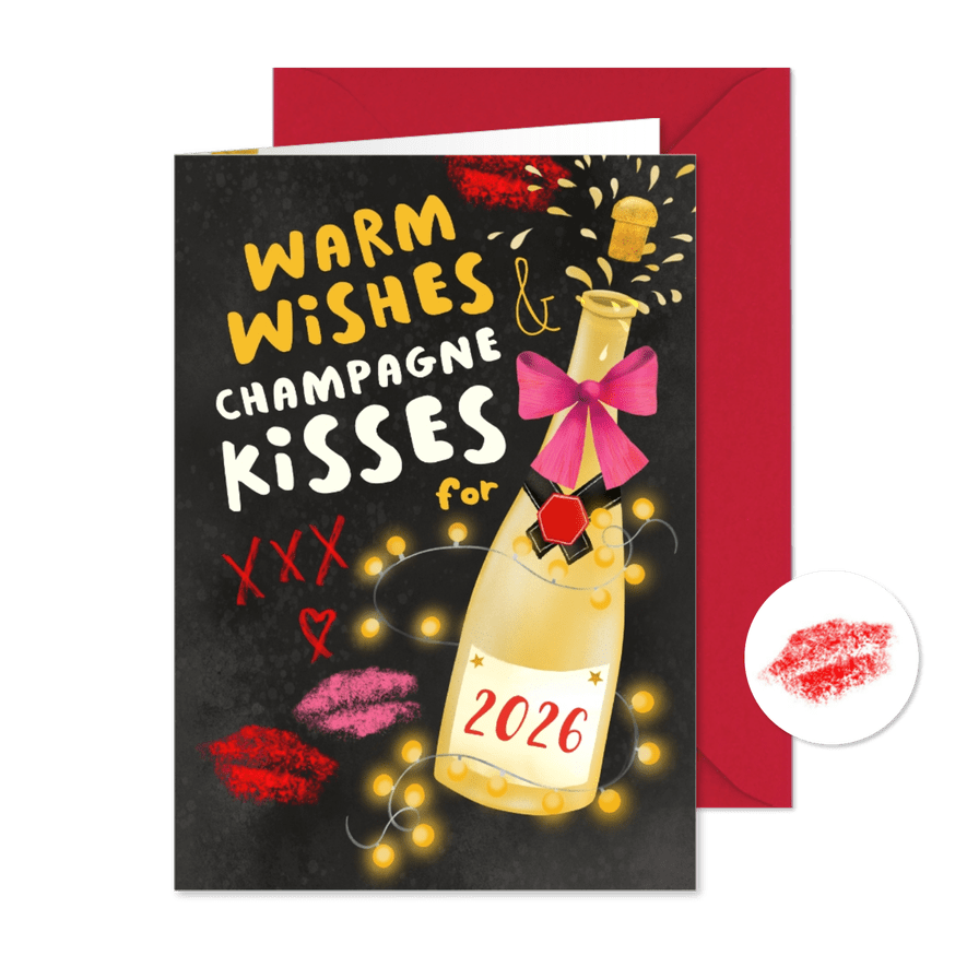 Nieuwjaarskaart 'Warm wishes and champagne kisses'. - Kaartimpressie