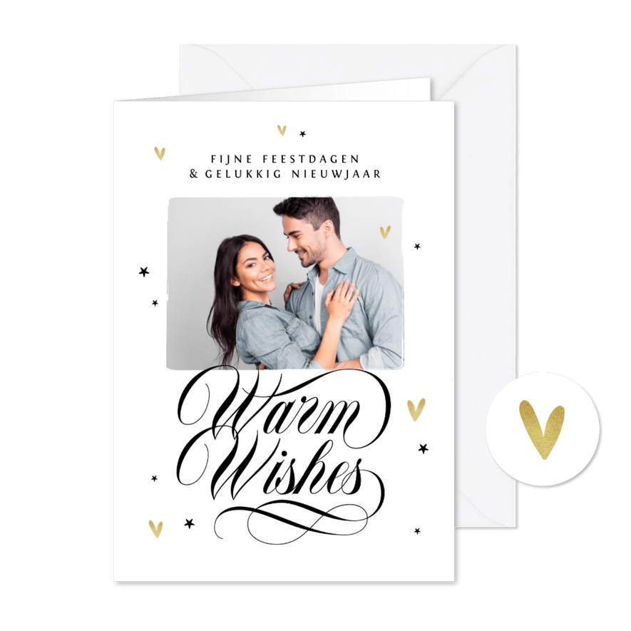 Nieuwjaarskaart warm wishes sterren goud hartjes foto - Kaartimpressie