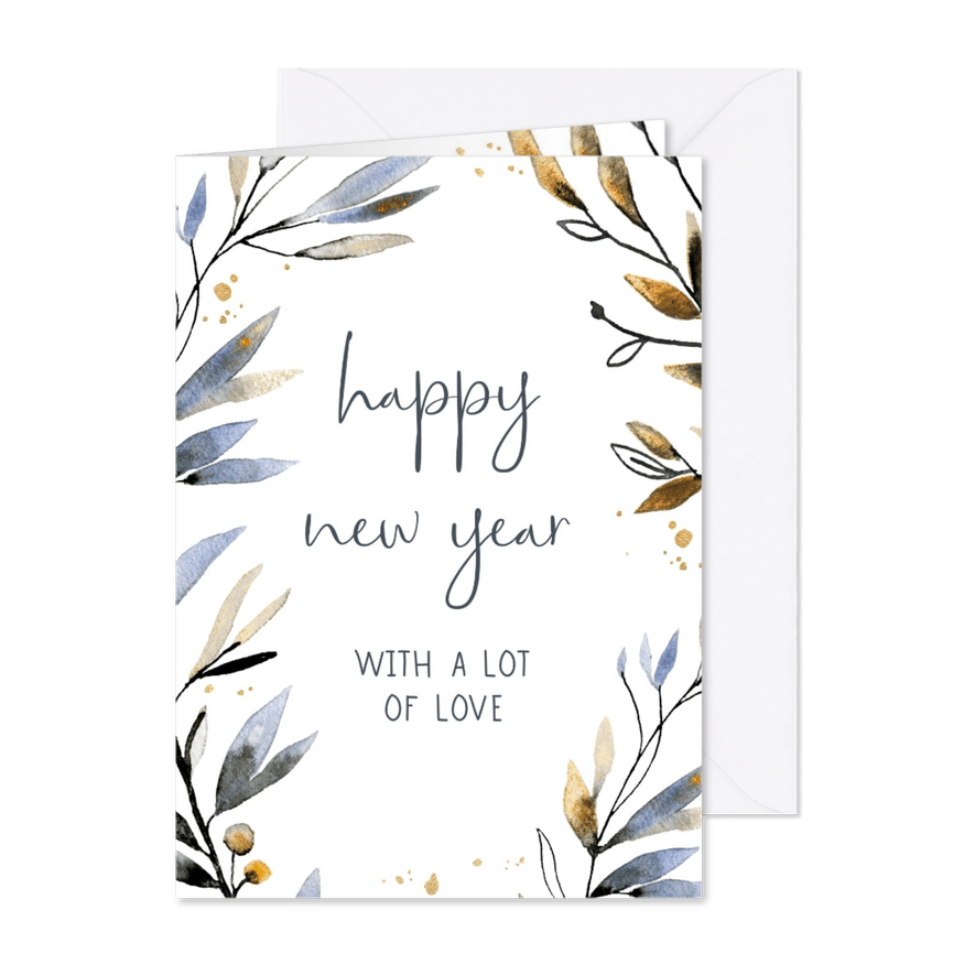 Nieuwjaarskaart waterverf blauw-goud - Kaartimpressie