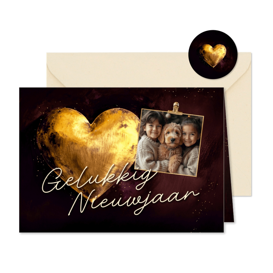 Nieuwjaarskaart waterverf foto gouden hart rood - Kaartimpressie