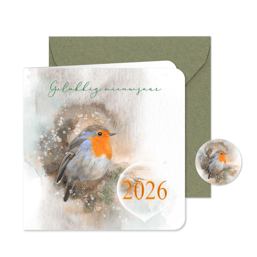 Nieuwjaarskaart waterverf met roodborst - Kaartimpressie