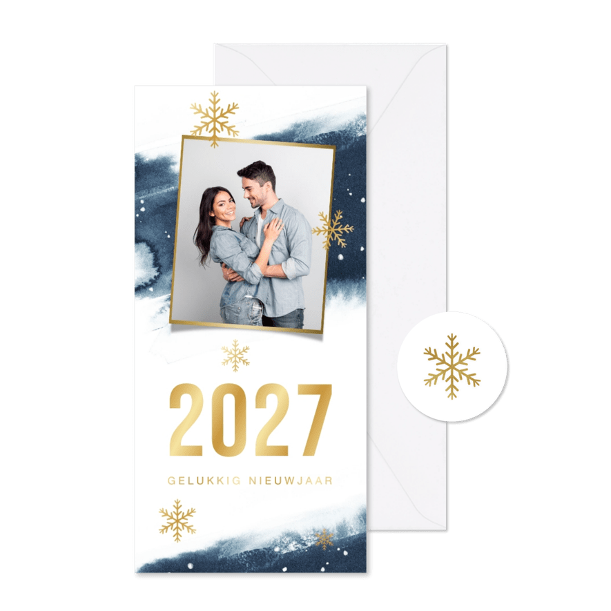 Nieuwjaarskaart waterverf sterren sneeuwvlokken 2027 foto - Kaartimpressie
