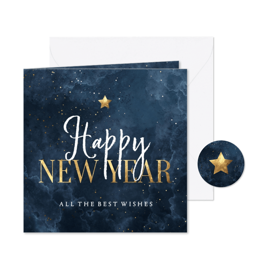 Nieuwjaarskaart waterverf wolkjes Happy New Year met ster - Kaartimpressie