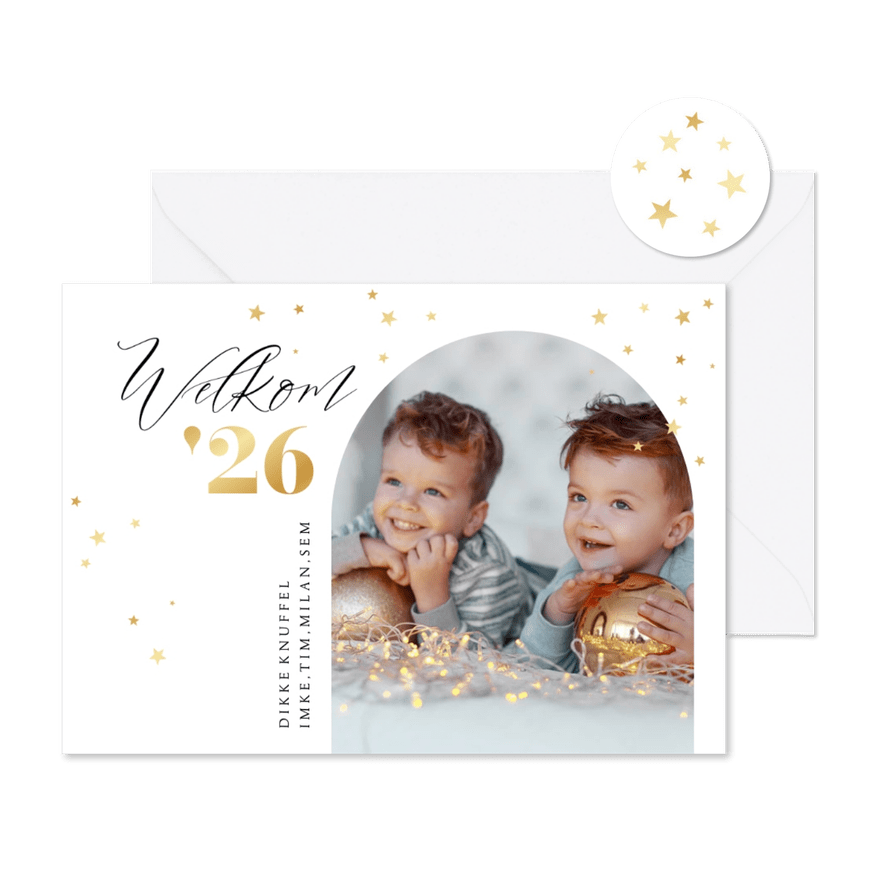 Nieuwjaarskaart welkom 2026 goud sterren foto - Kaartimpressie