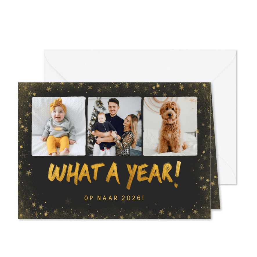 Nieuwjaarskaart What a year met fotocollage - Kaartimpressie