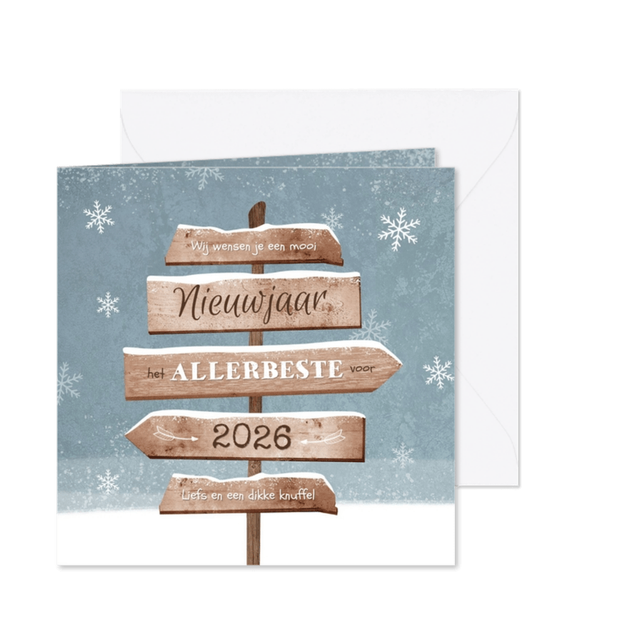 Nieuwjaarskaart winterse wegwijzers sneeuw - Kaartimpressie