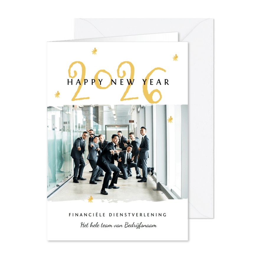 Nieuwjaarskaart zakelijk 2026 goud foto sterretjes - Kaartimpressie