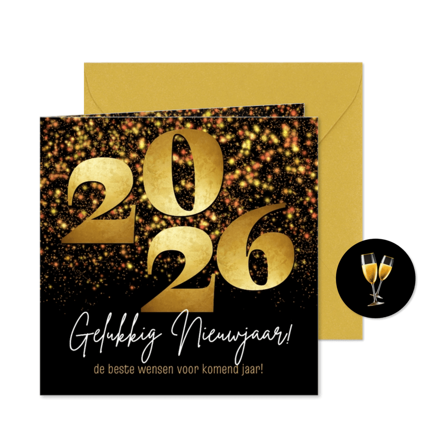 Nieuwjaarskaart zakelijk 2026 goud sterren sparkle - Kaartimpressie