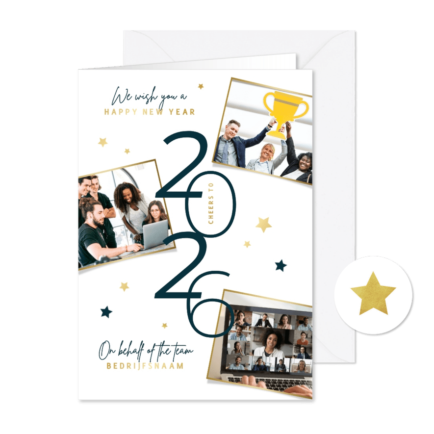 Nieuwjaarskaart zakelijk 2026 sterren fotocollage goud - Kaartimpressie