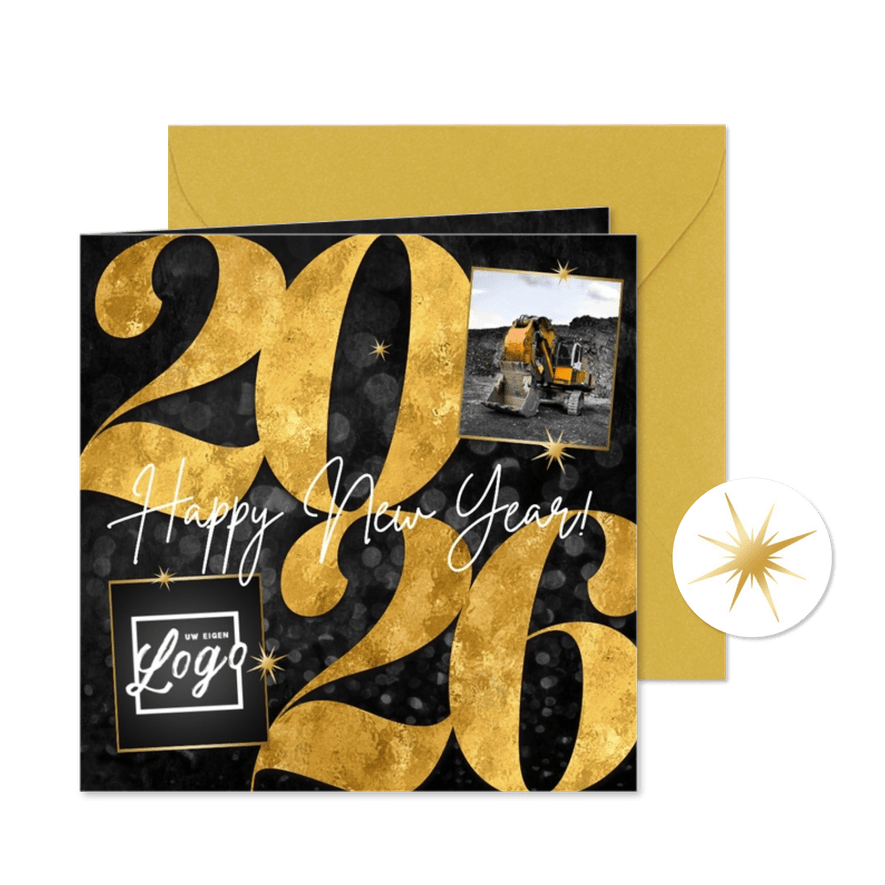 Nieuwjaarskaart zakelijk 2026 sterren goud happy new year - Kaartimpressie