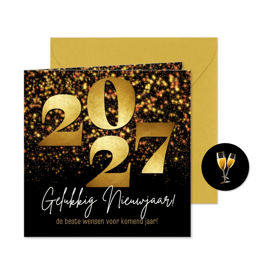 Nieuwjaarskaart zakelijk 2027 goud sterren sparkle - Kaartimpressie
