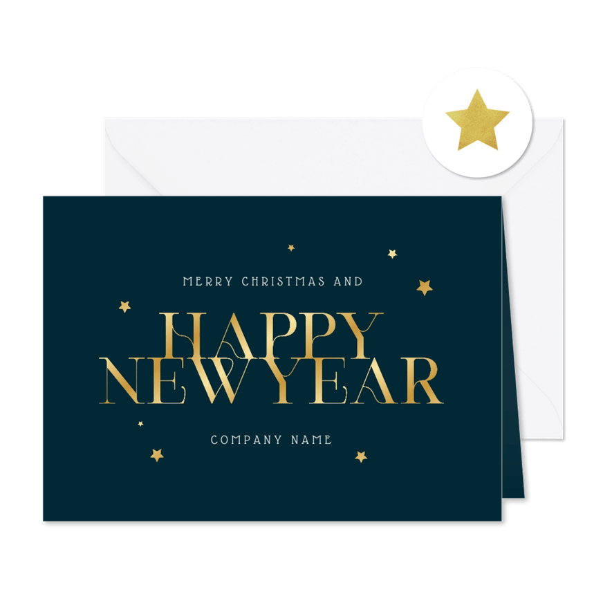 Nieuwjaarskaart zakelijk goud stijlvol happynewyear blauw - Kaartimpressie
