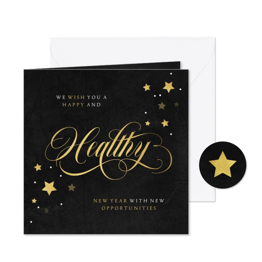 Nieuwjaarskaart zakelijk healthy gezond sterren goud - Kaartimpressie