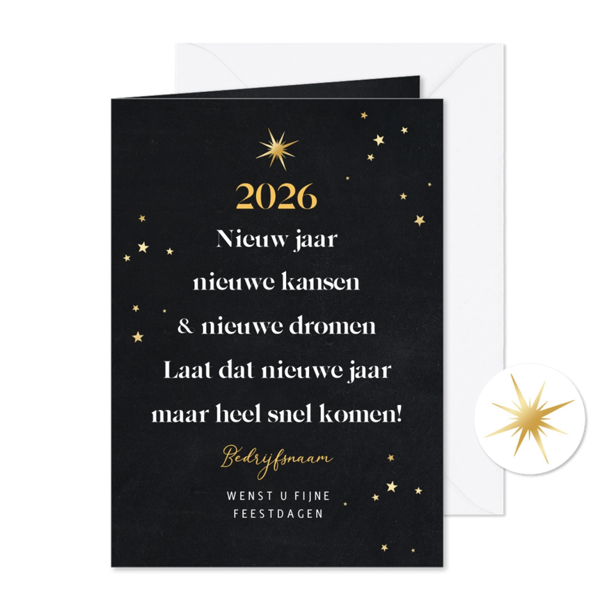 Nieuwjaarskaart zakelijk kerstboom sterren goud 2026 - Kaartimpressie