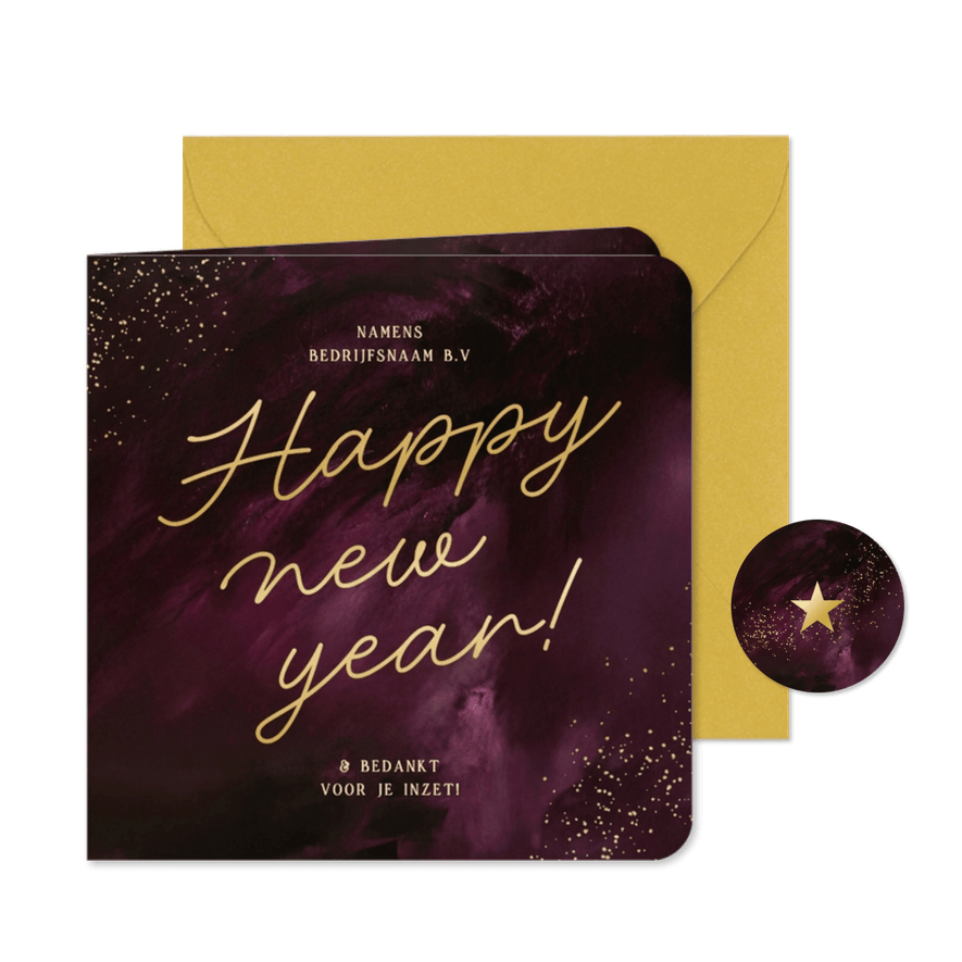 Nieuwjaarskaart zakelijk paars happy new year goud spetters - Kaartimpressie