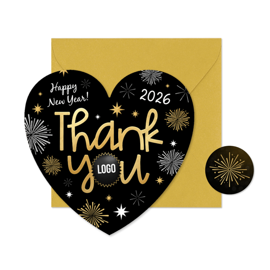 Nieuwjaarskaart zakelijk thank you hartvorm sterren vuurwerk - Kaartimpressie