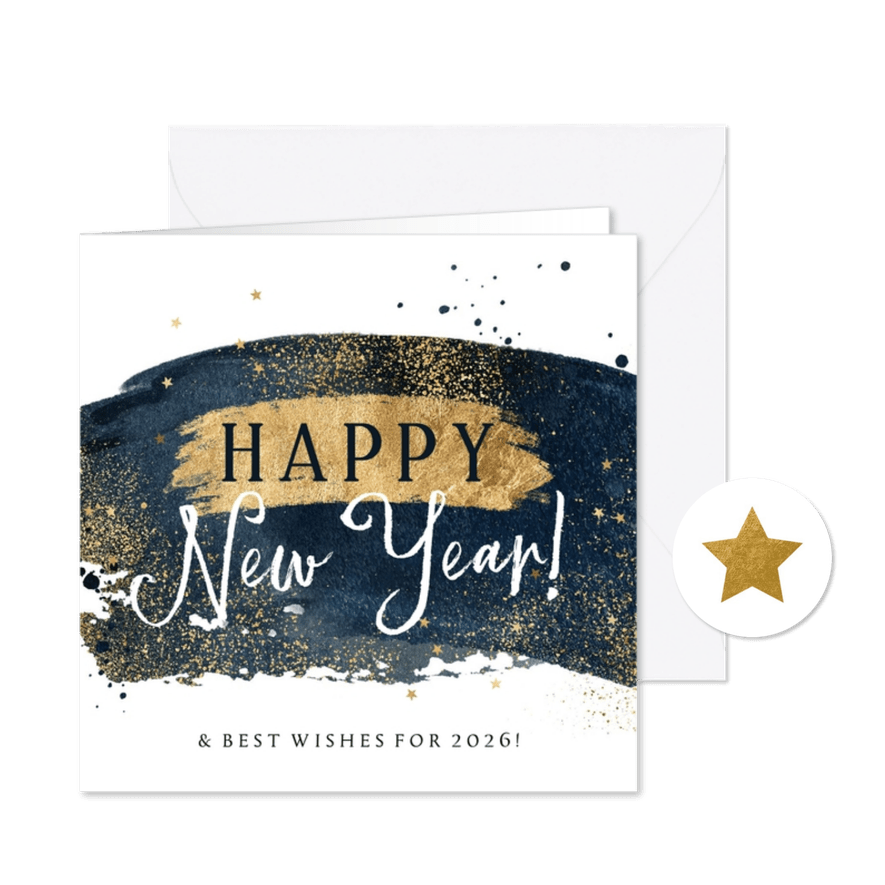 Nieuwjaarskaart zakelijk verfstrepen goud sterren spetters - Kaartimpressie
