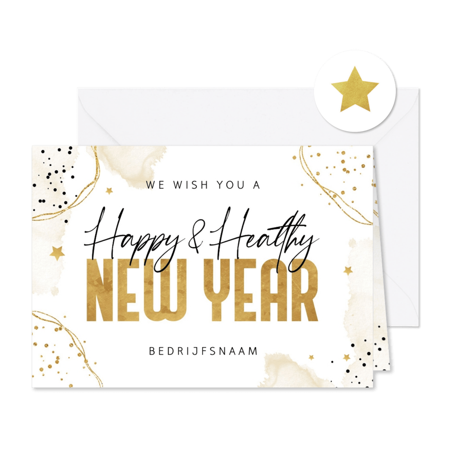 Nieuwjaarskaart zakelijk waterverf confetti goud sterren - Kaartimpressie