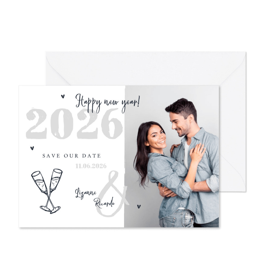 Nieuwjaarskaart zilver doodle champagne foto save the date - Kaartimpressie