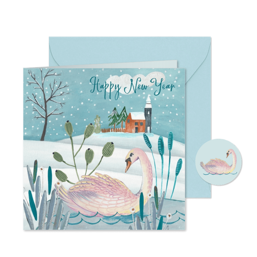 Nieuwjaarskaart zwaan in de sneeuw - Kaartimpressie