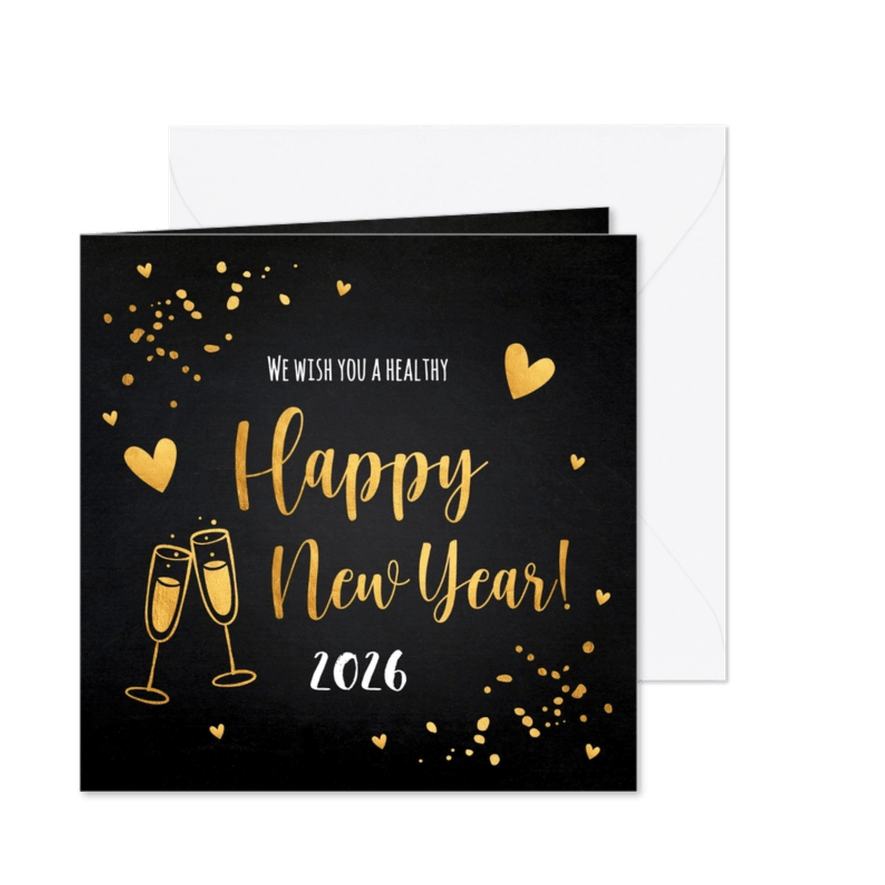 Nieuwjaarskaart zwart goudlook champagne hartjes - Kaartimpressie